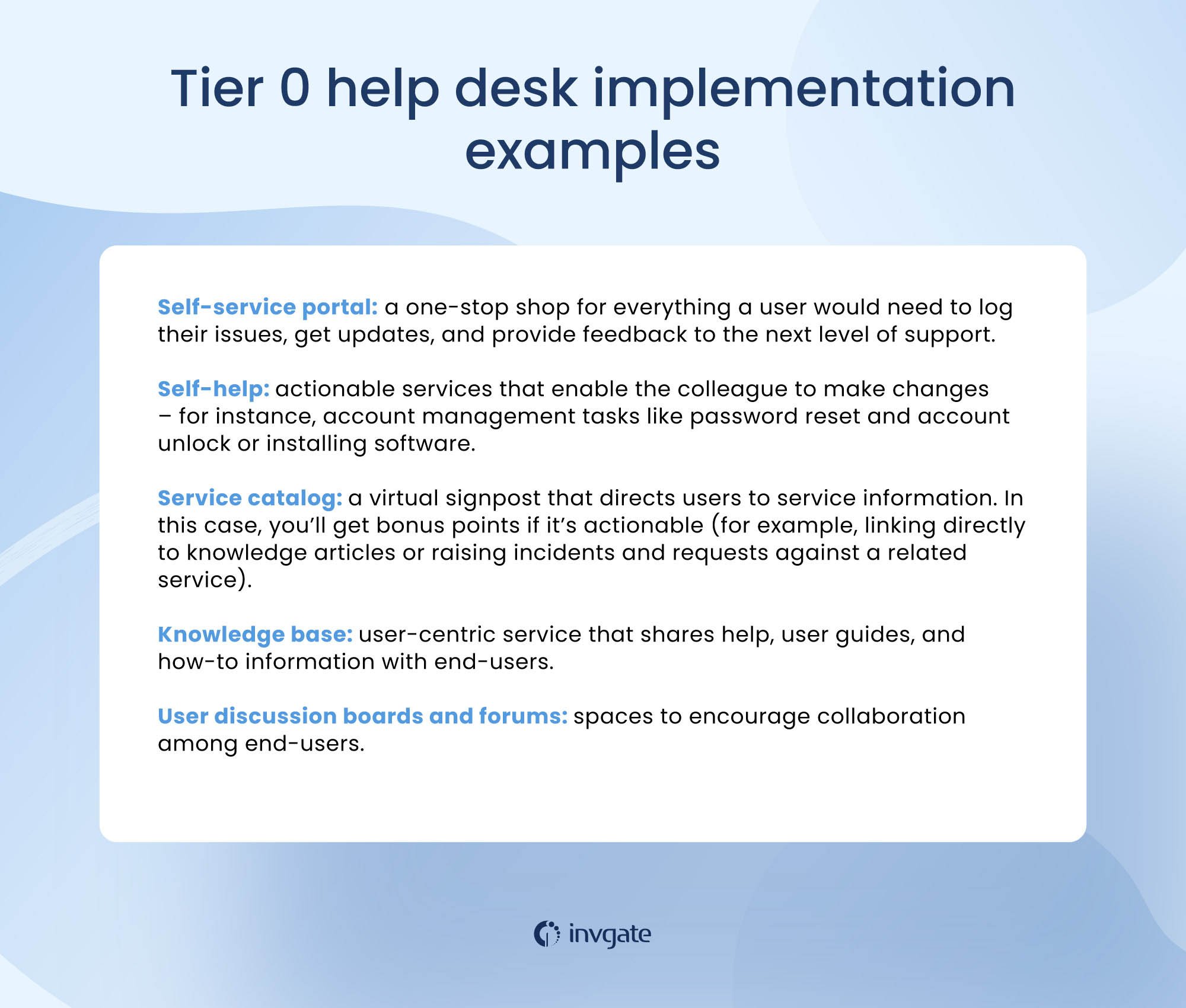 Tier 0 help desk implementation examples.