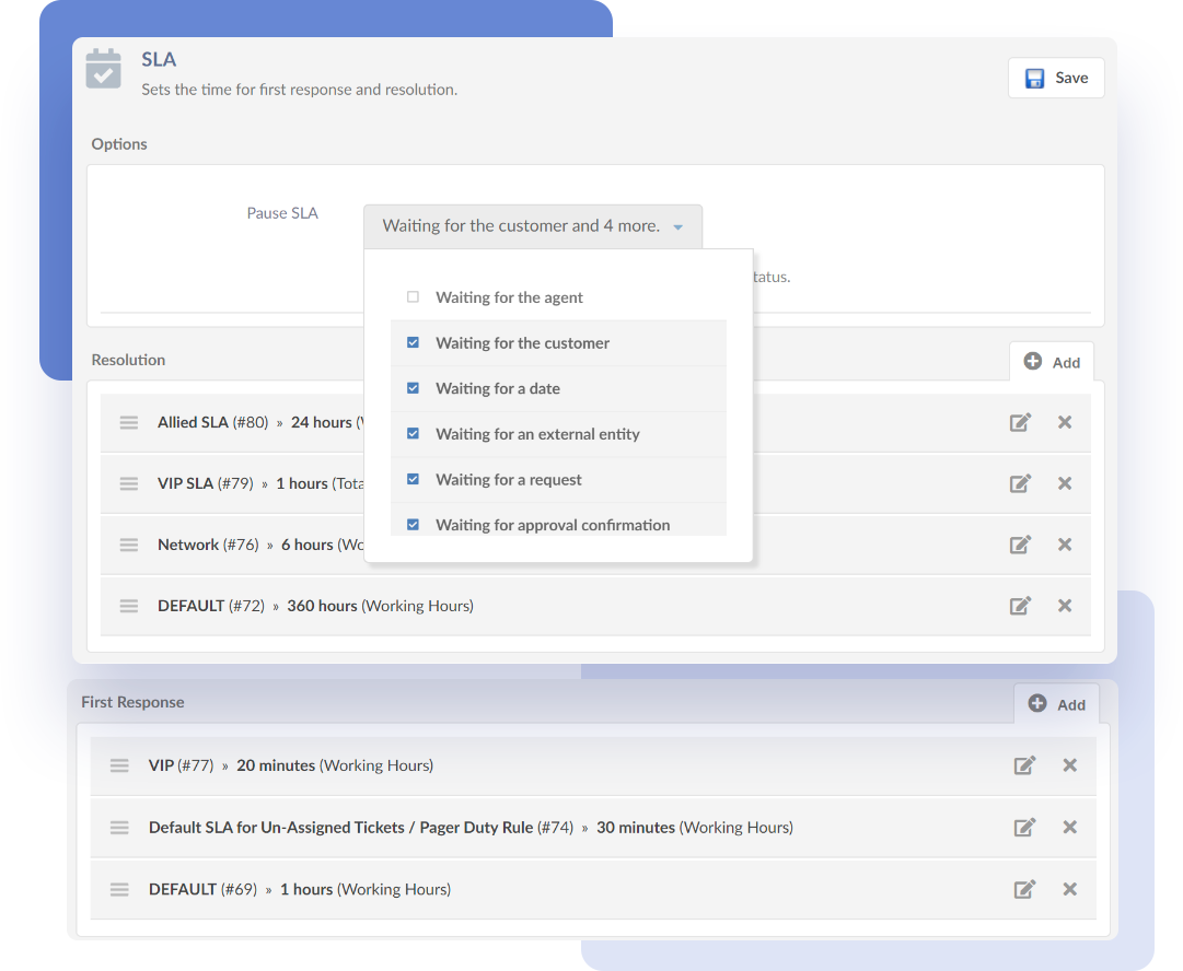 Example of SLA definition based on rules on InvGate Service Desk.