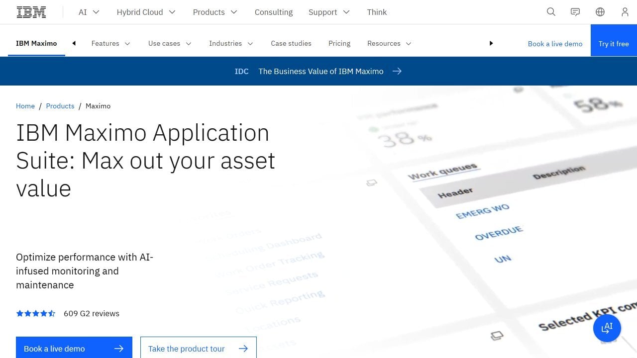 IBM Maximo Application suite website screenshot.