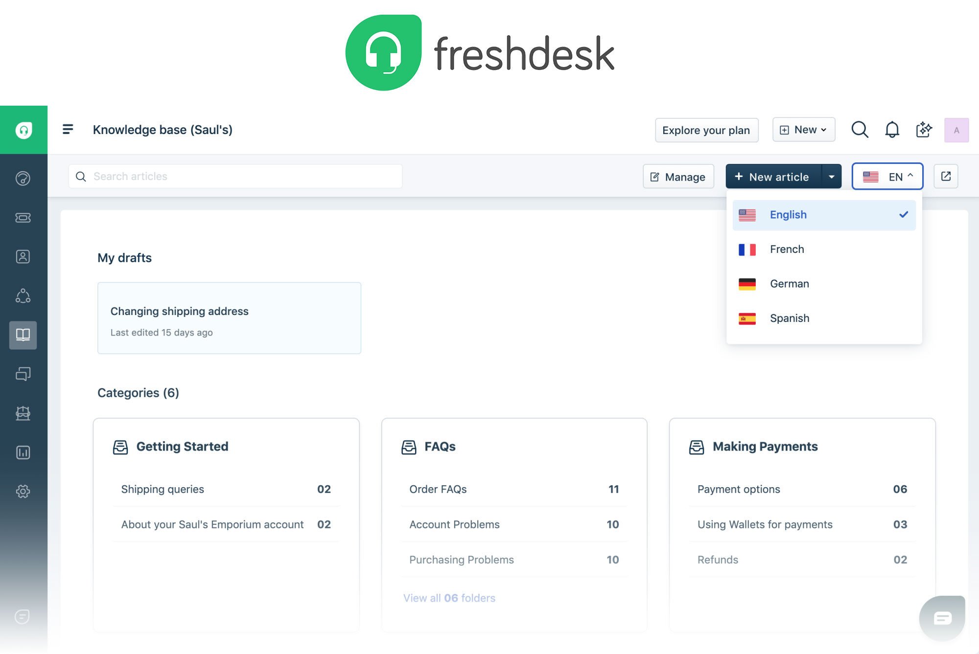 Interfaz de Freshdesk.