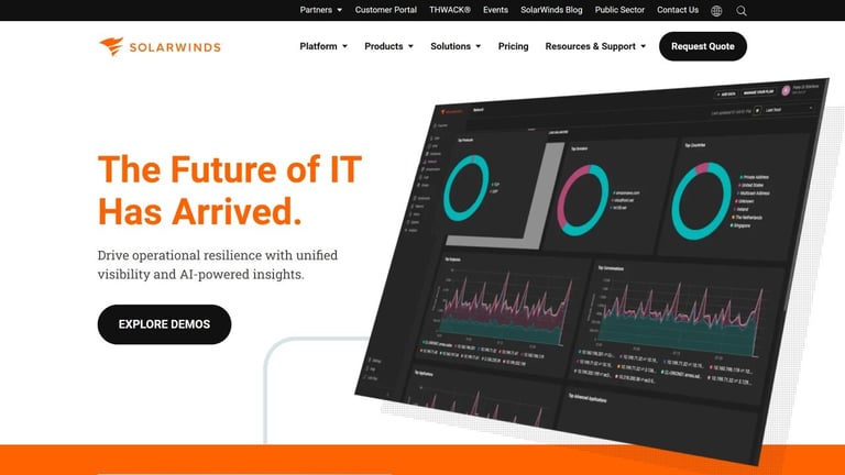 Screenshot of SolarWinds' website.