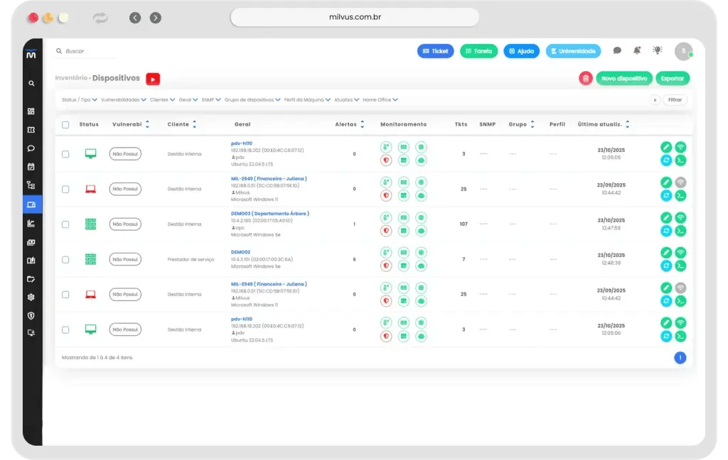 Interface de inventário de TI do Milvus