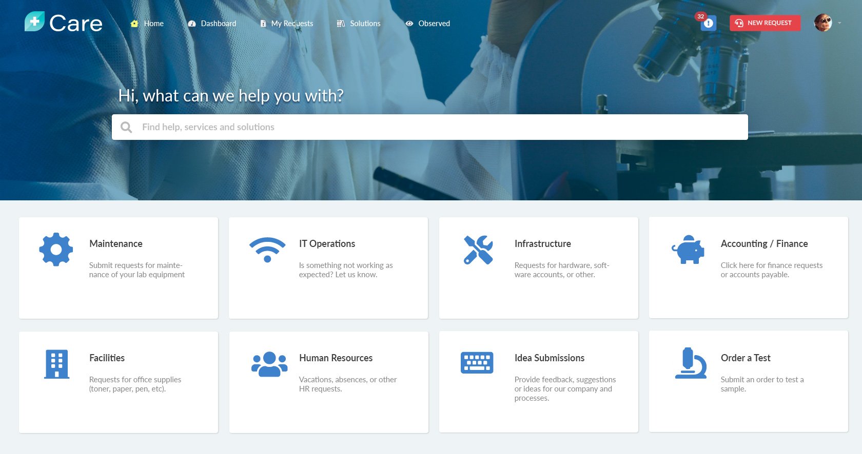 Service portal example: Self-service portal for a medical company.