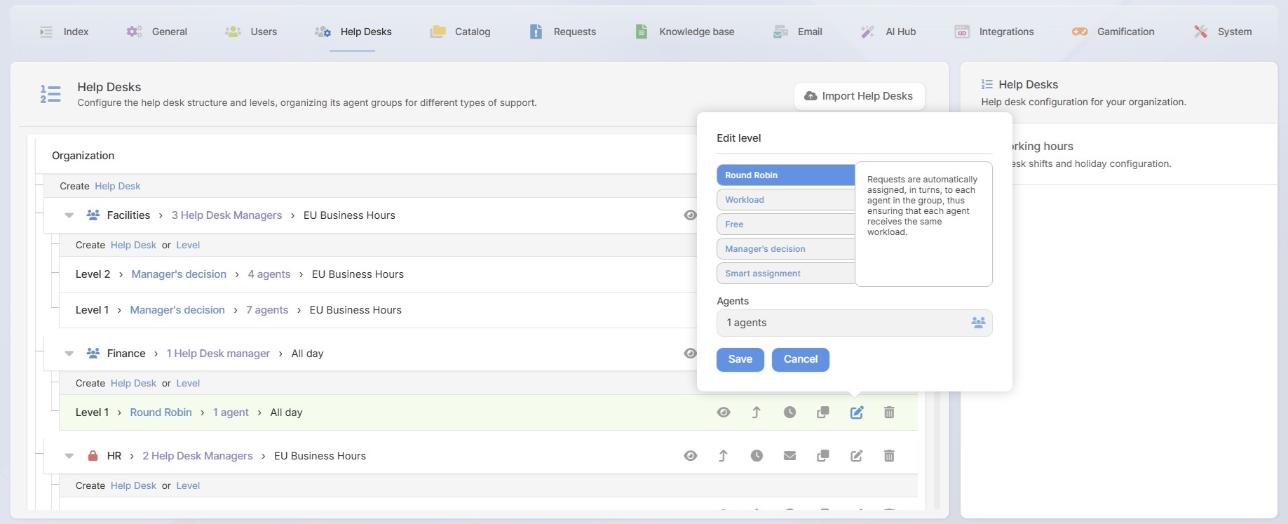 View of the configuration of ticket assignment methods for help desk levels in InvGate Service Management.