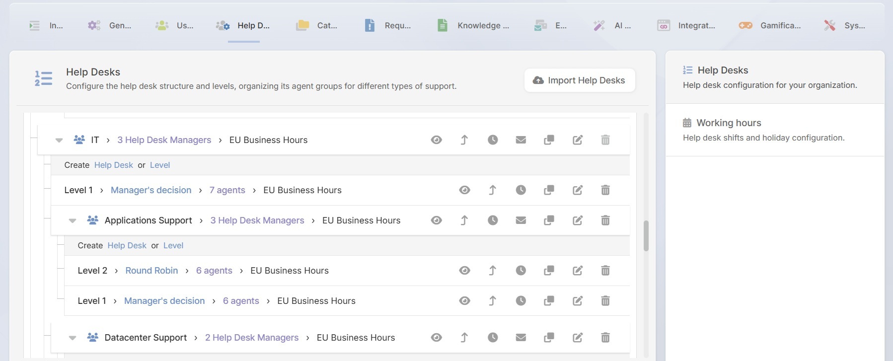 Screenshot of multiple help desks and levels configured in InvGate Service Management.