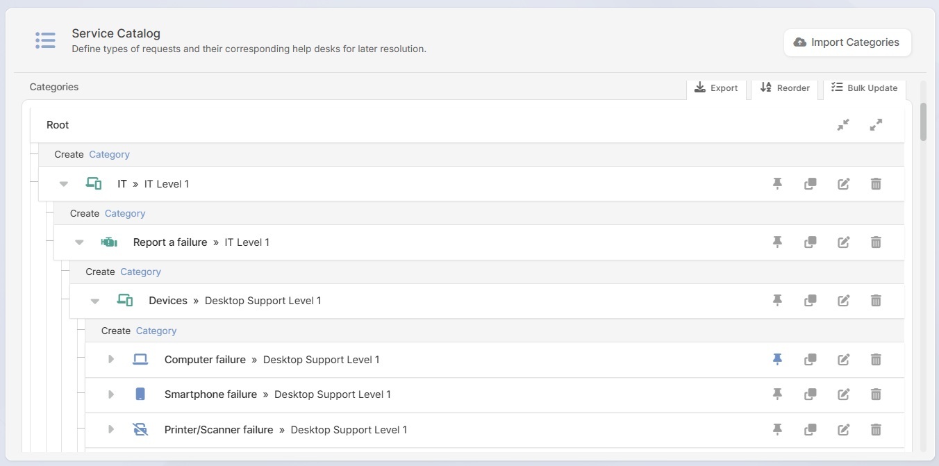 View of the service catalog with tree structure in InvGate Service Management.