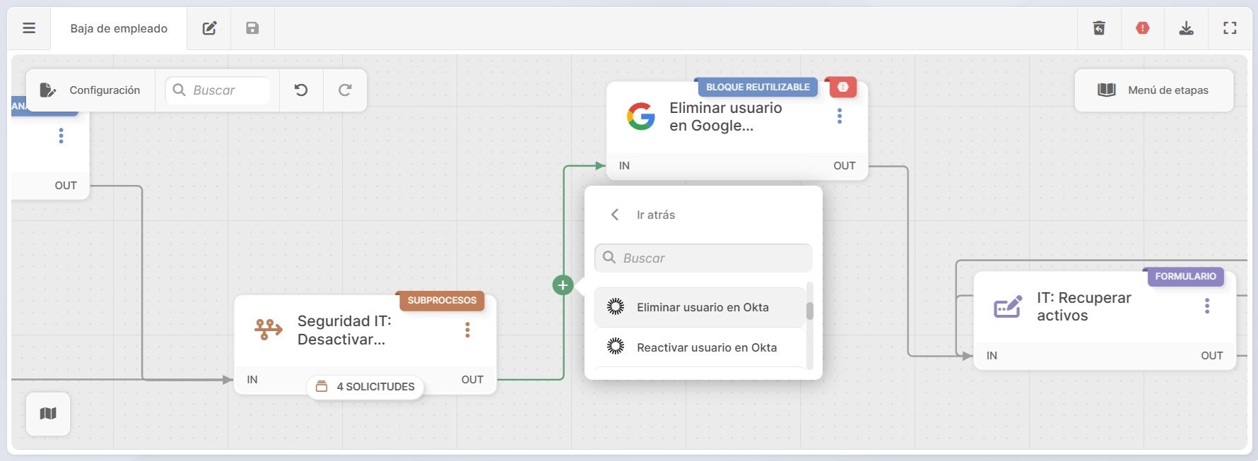 Captura de pantalla del workflow builder de InvGate Service Management.