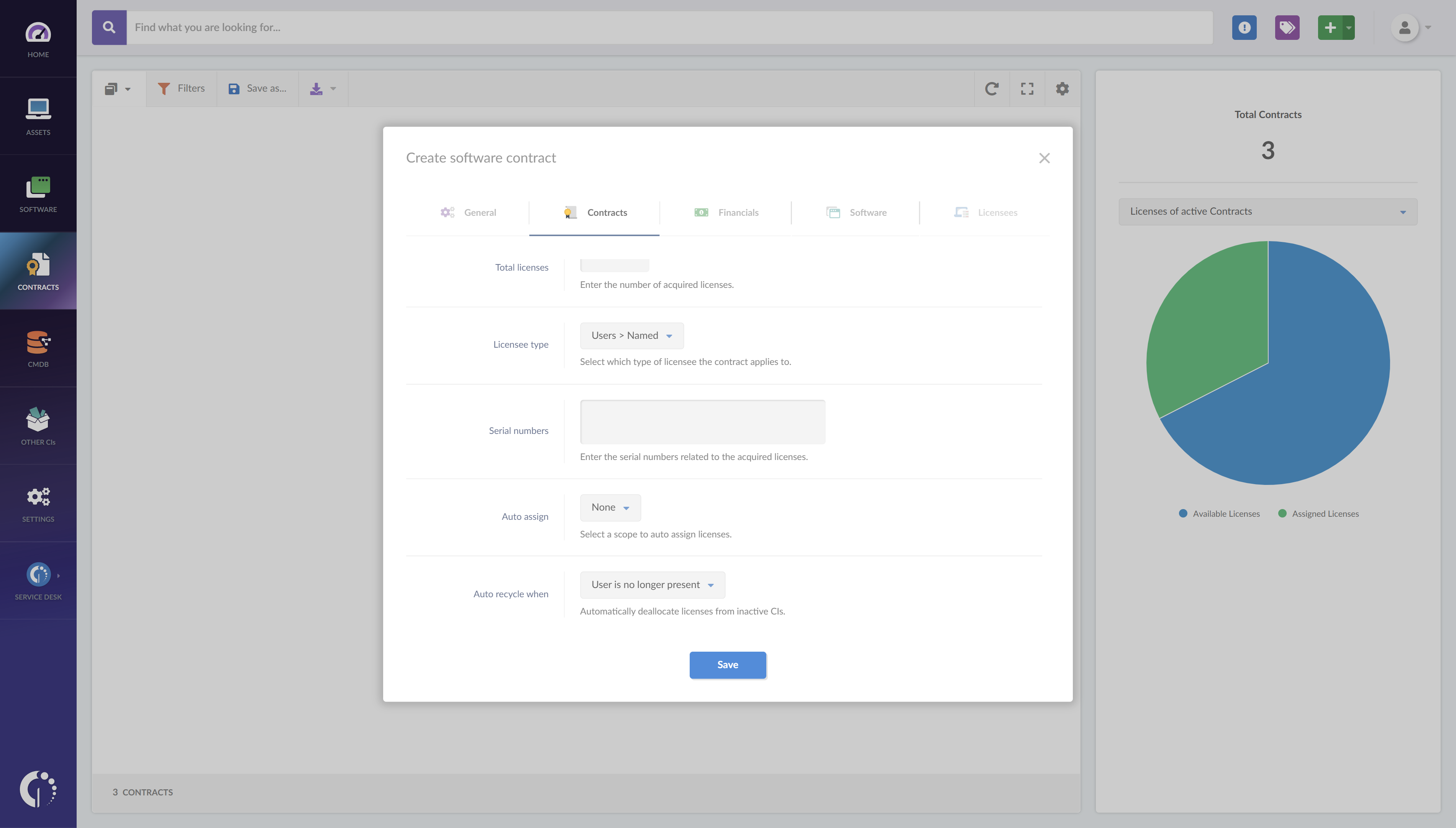 Once you create a contract on InvGate Insight, you’ll be able to load the number of licenses, and indicate how to allocate them and when to recycle them.