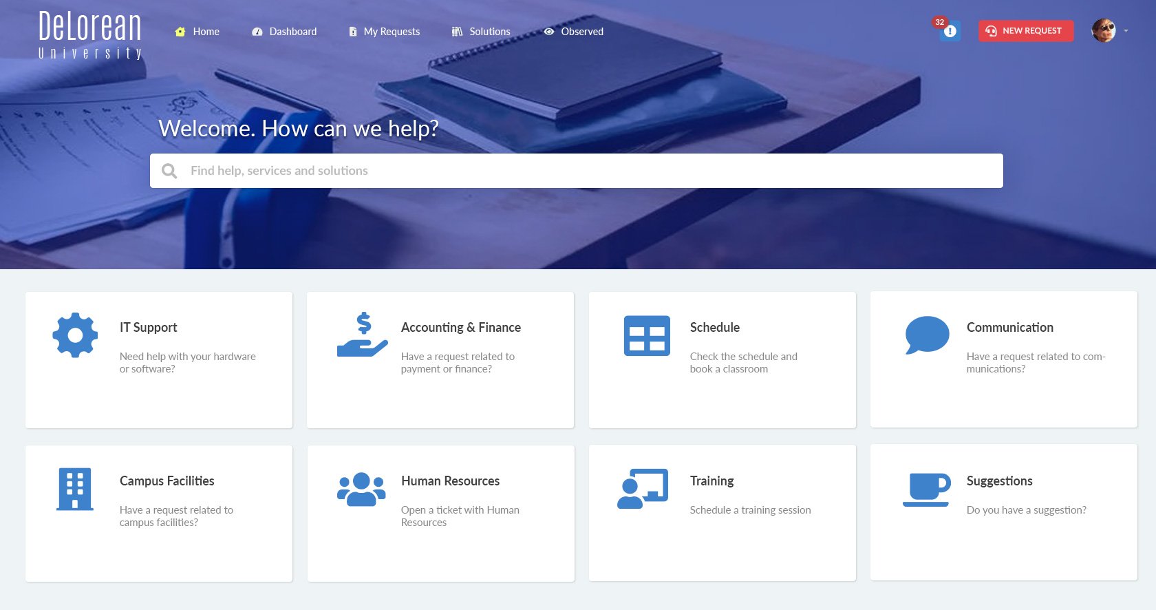 Service portal examples: Self-service portal for a university.