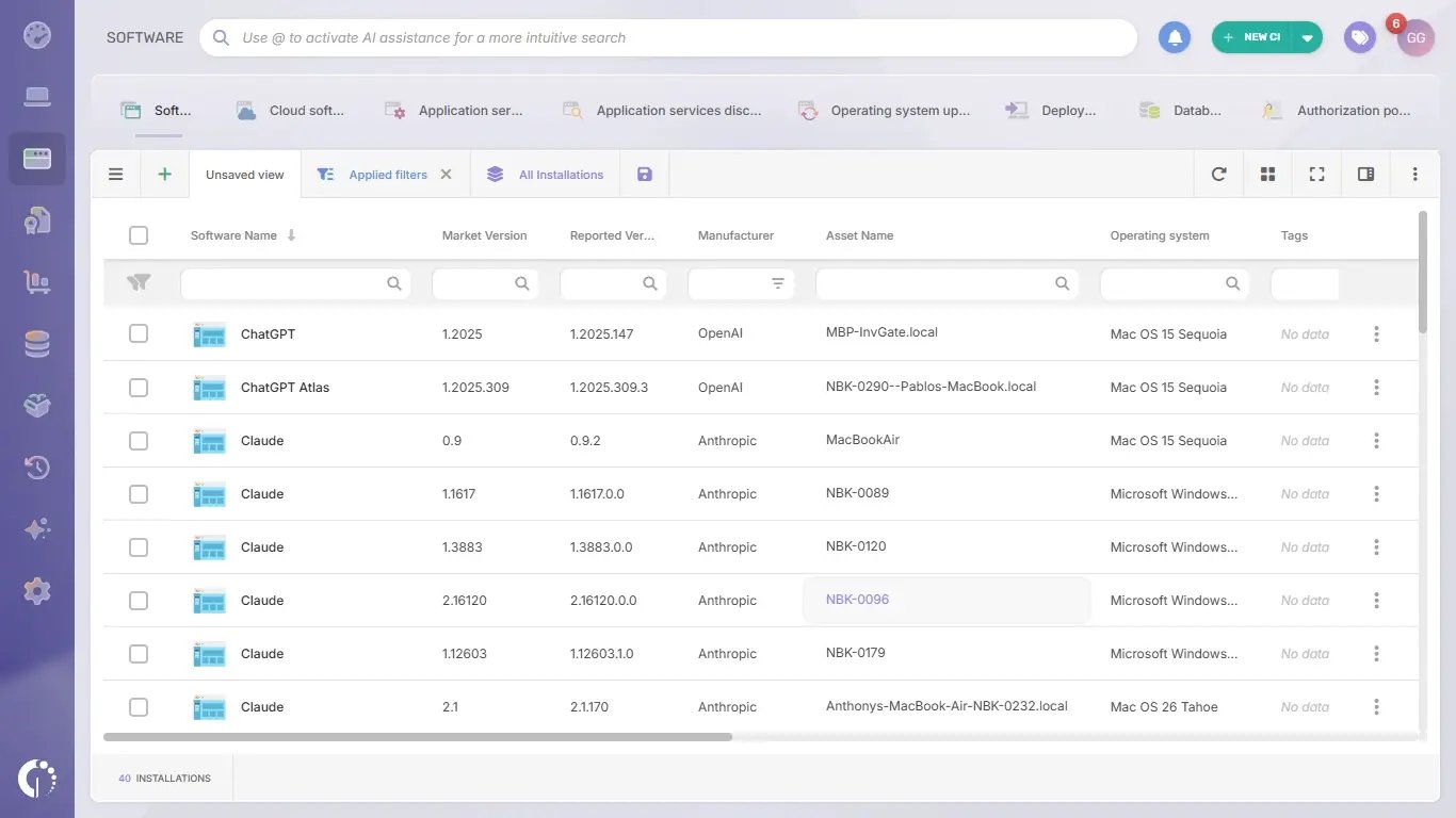 Detecting AI installations in InvGate Asset Management.