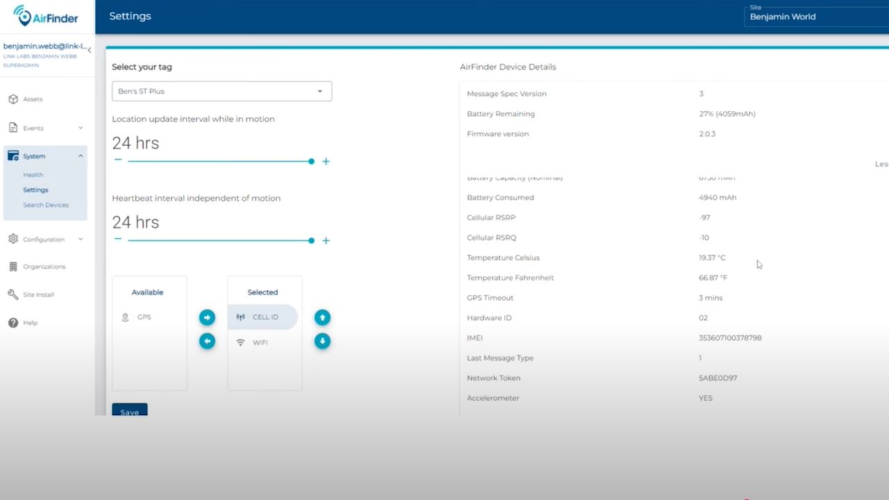 Airfinder OnSite interface.