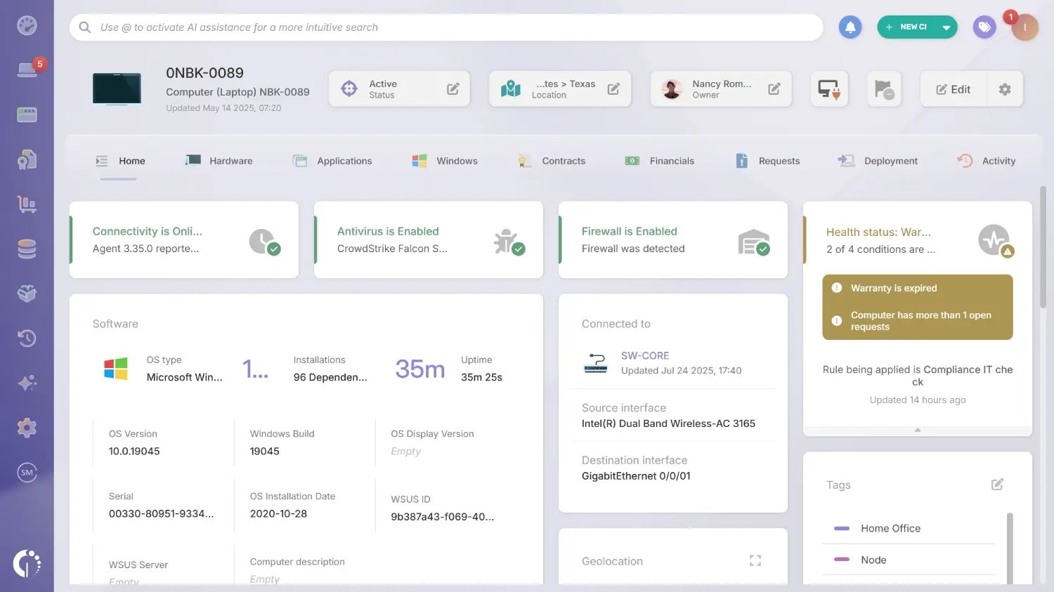 Asset profile in InvGate Asset Management.