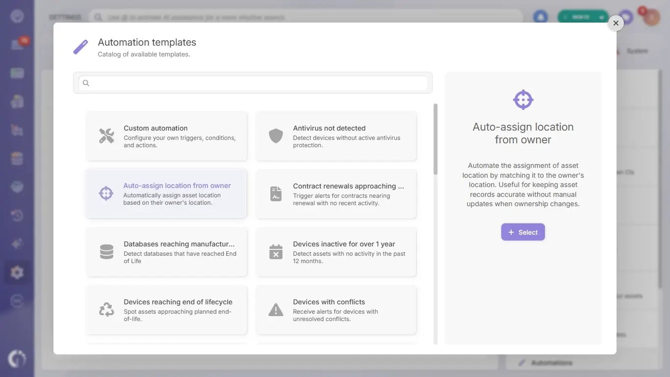 Auto assign location from owners automation template in InvGate Asset Management.