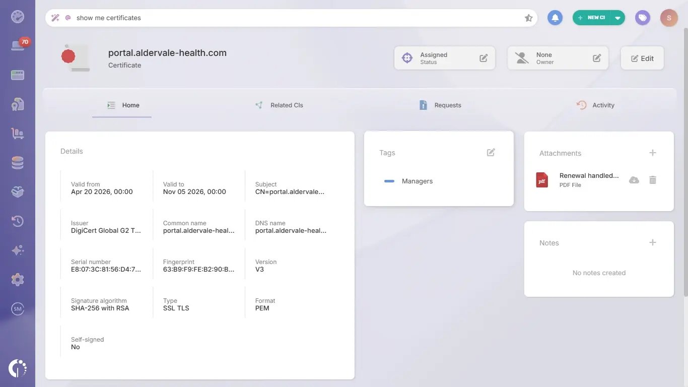 Certificate profile in InvGate Asset Management showing validity dates, issuer and owner.