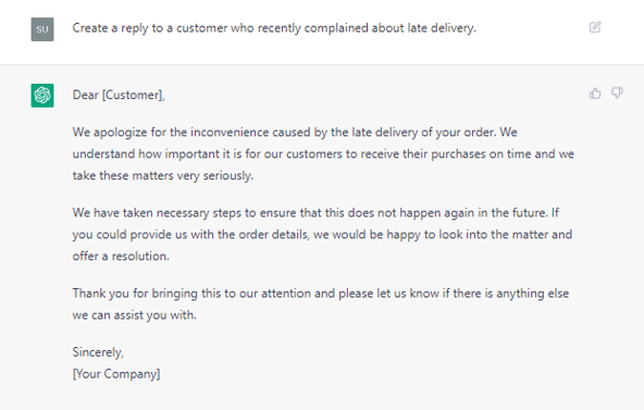 Uses of ChatGPT for Customer Service: replying to customer complaints.
