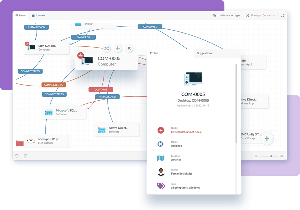 Business Application diagram with CMDB Auto-Mapping suggestions in InvGate Asset Management