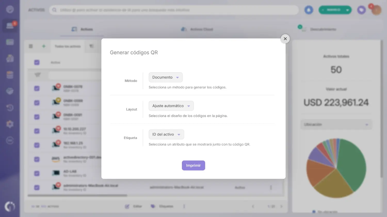 Ventana para elegir el método y el diseño de las etiquetas con código QR en InvGate Asset Management.