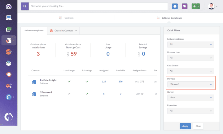 El módulo de Compliance de InvGate Asset Management te permite ver si tienes licencias de Microsoft no asignadas para reemplazar aquellas de Office 2016/2019.