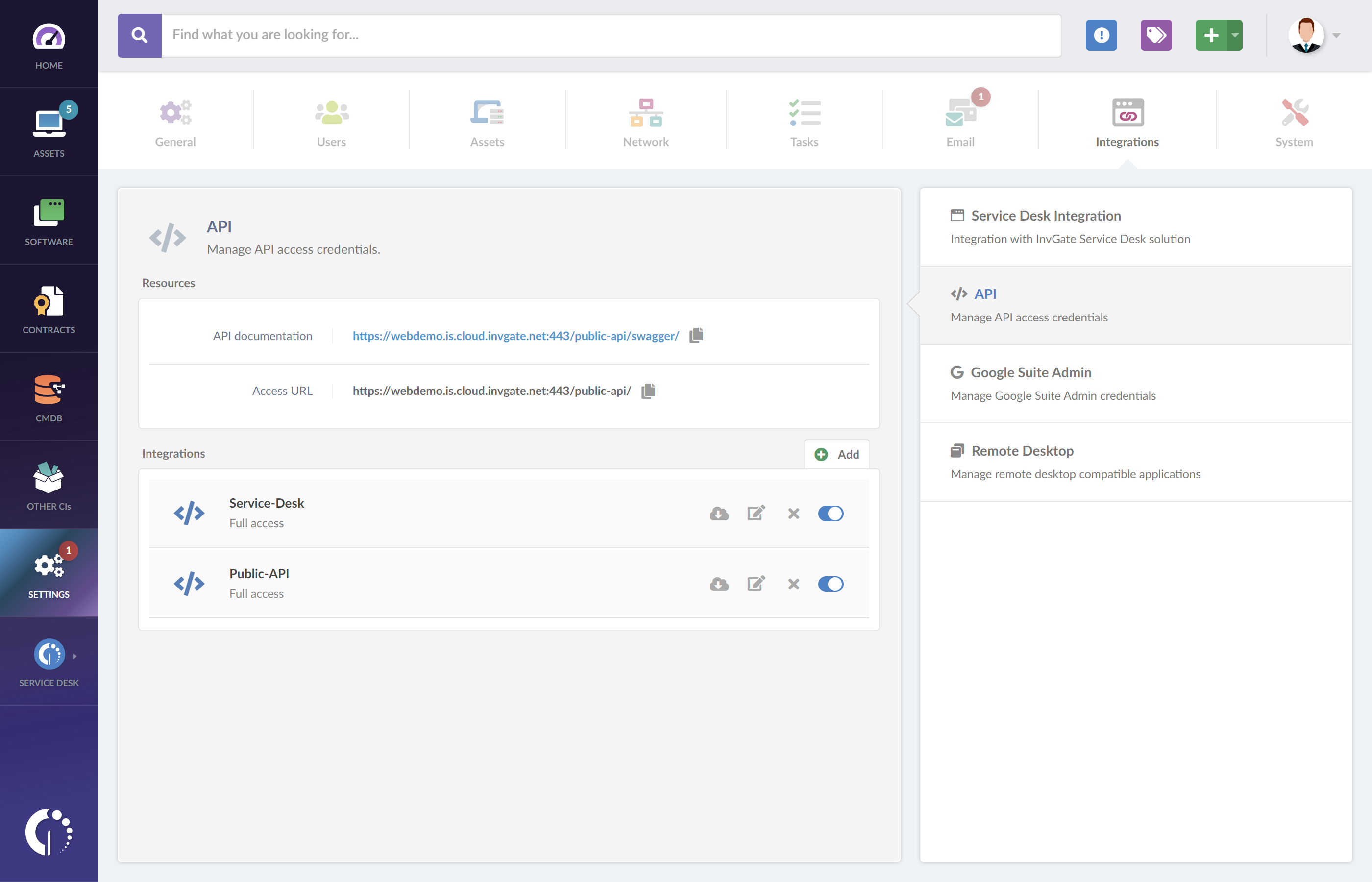 To fill in the field “Configuration,” you need to get InvGate Insight’s API. You can find it in InvGate Insight. Just follow the path Settings >> Integrations >> API. 