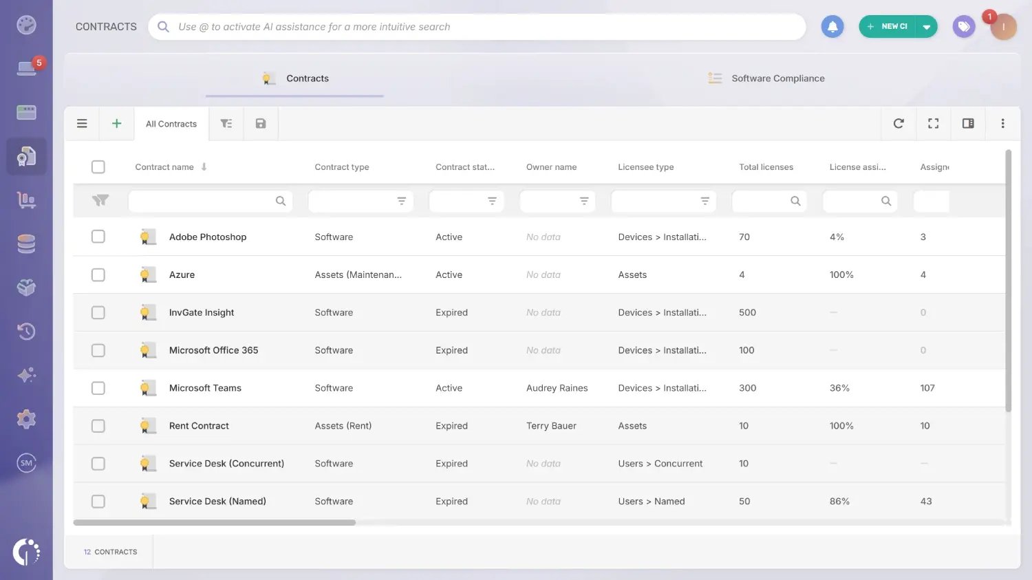 The Contracts module in Invgate Asset Management.