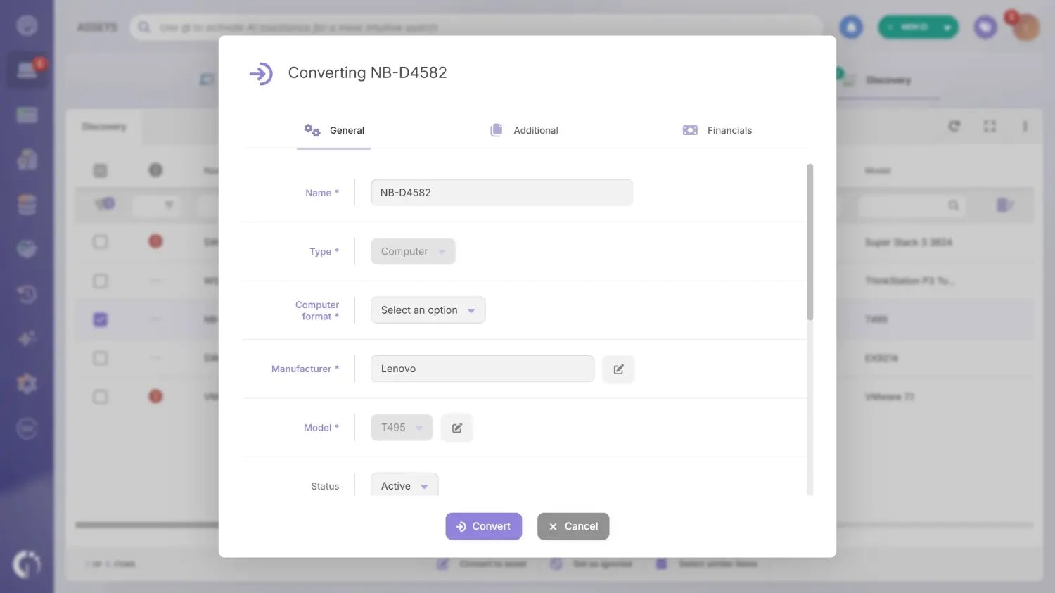 Coverting a device into an asset in Invgate Asset Management.
