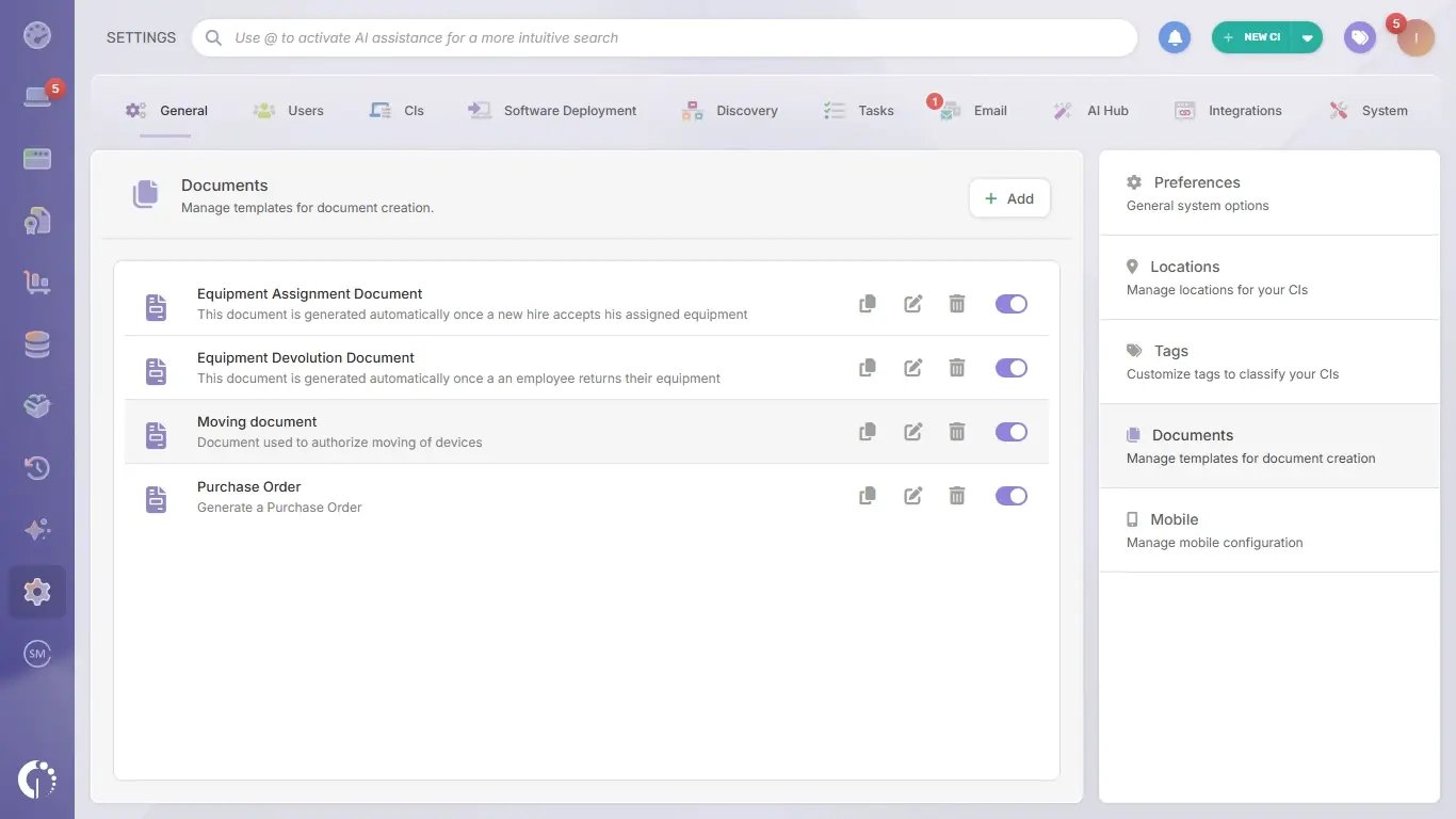 Creating a document template in InvGate Asset Management.