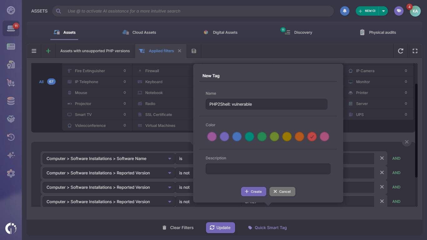 Creación de una Etiqueta Inteligente Rápida para agrupar los activos con versiones vulnerables de PHP en InvGate Asset Management.
