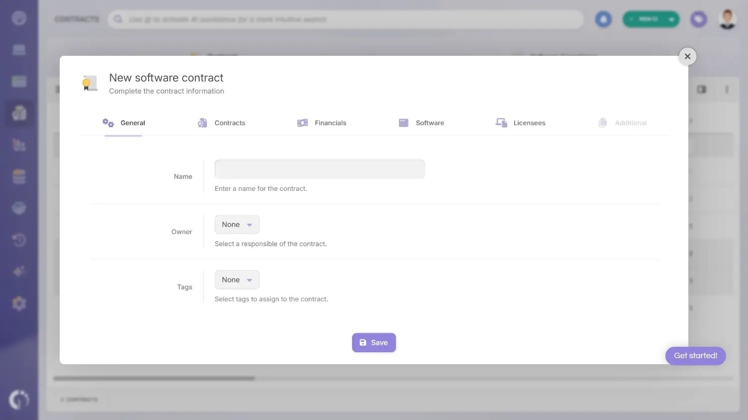 Creating a software contract in InvGate Asset Management.