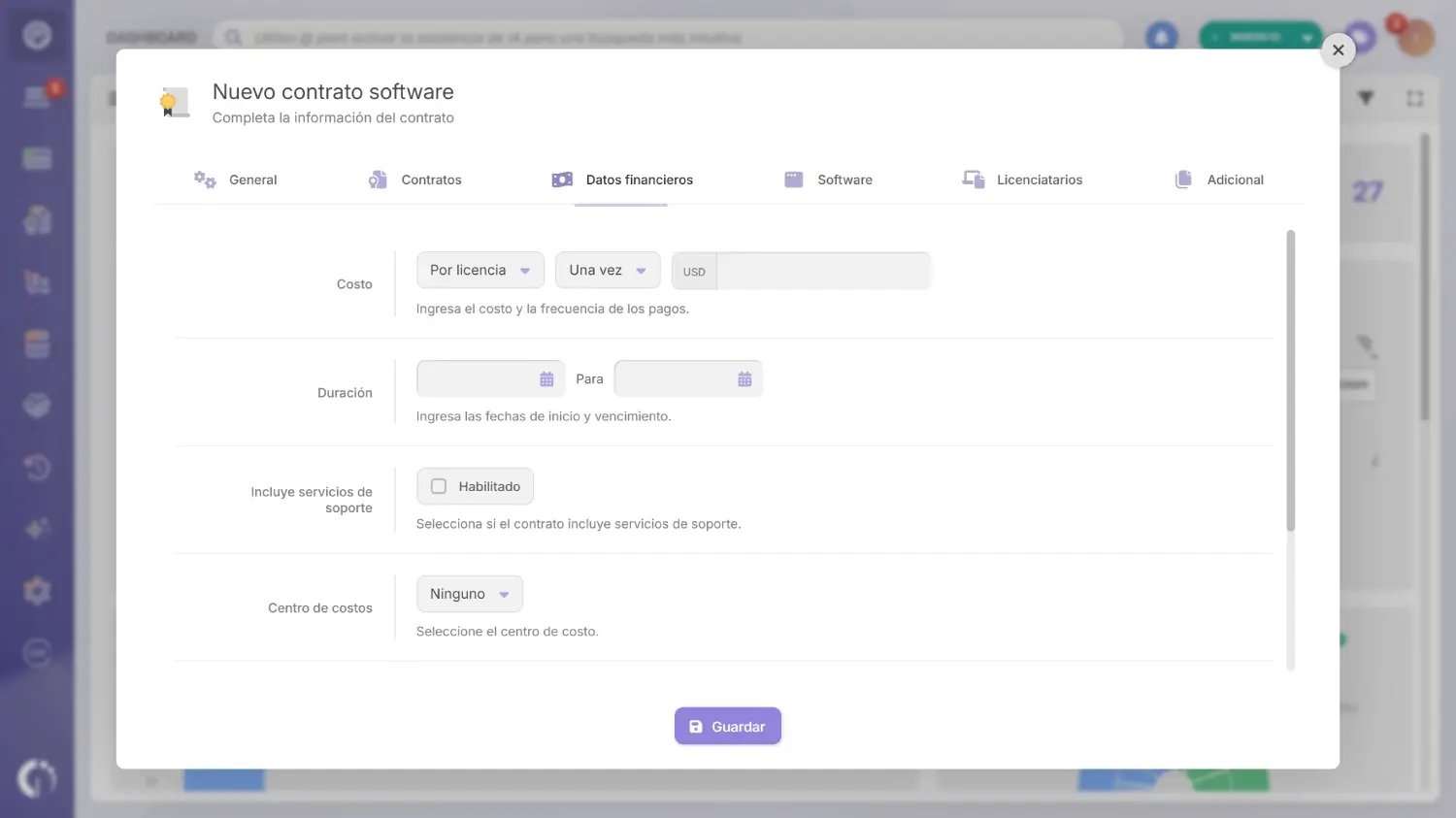 Pestaña de Datos financieros en la construcción de un contrato de software en InvGate Asset Management. 