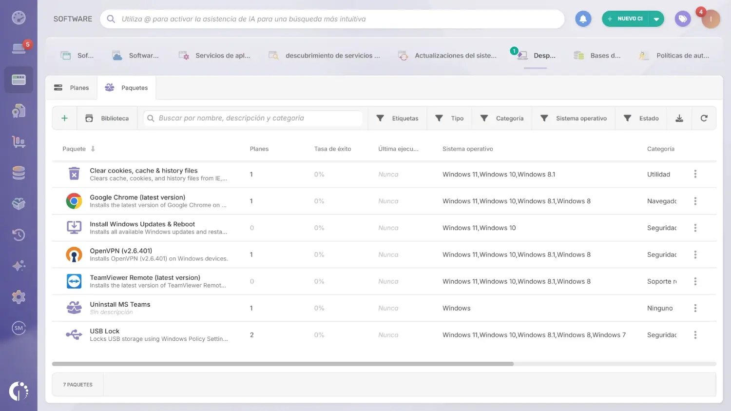 Despliegue de software en InvGate Asset Management.