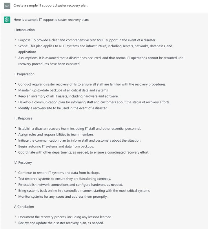 Example of an outline for a disaster recovery plan created with ChatGPT.