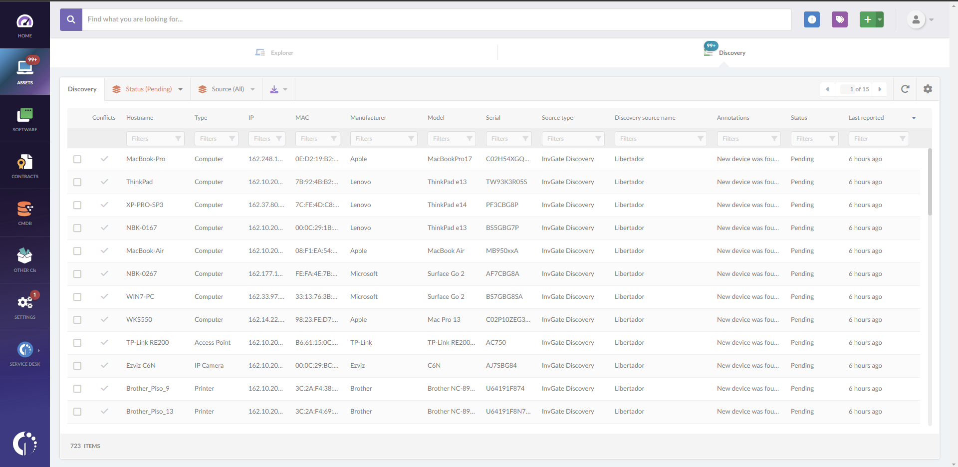 Example of what the Network Discovery feature looks like on InvGate Insight.