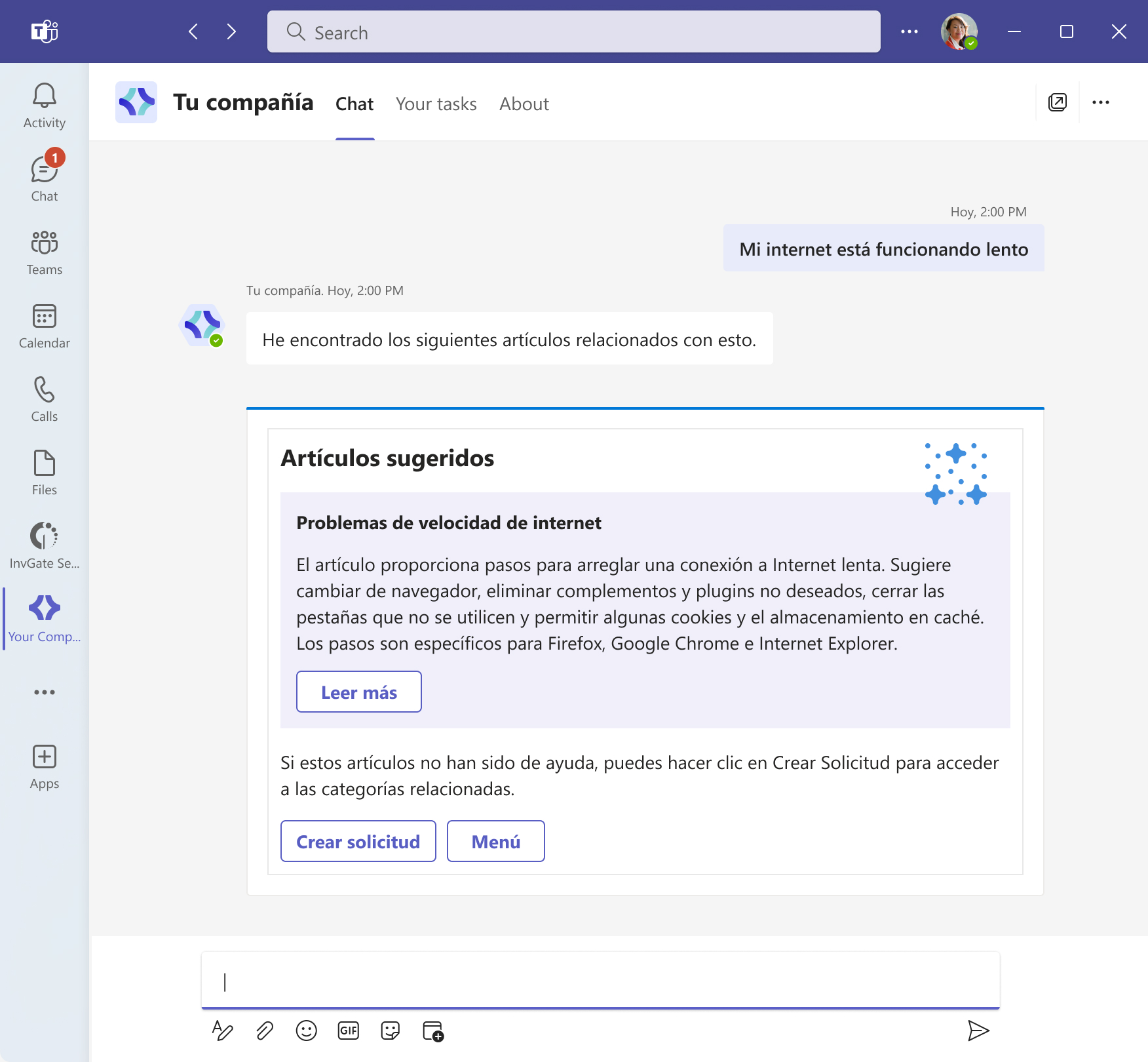 Ejemplo de la integración entre InvGate Service Management y Microsoft Teams. 