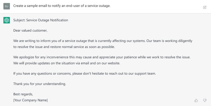Service outage email template created with ChatGPT.