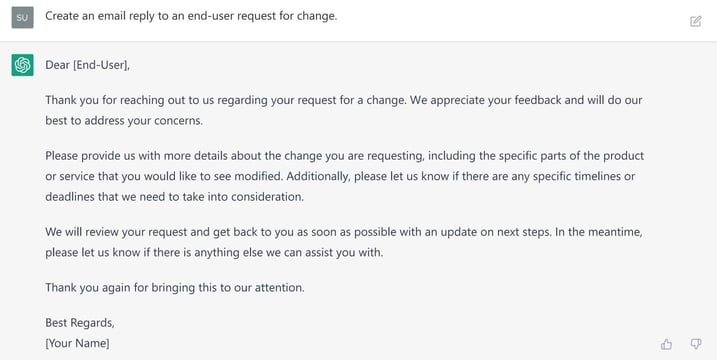 Example of email template to reply to a request for change created with ChatGPT.