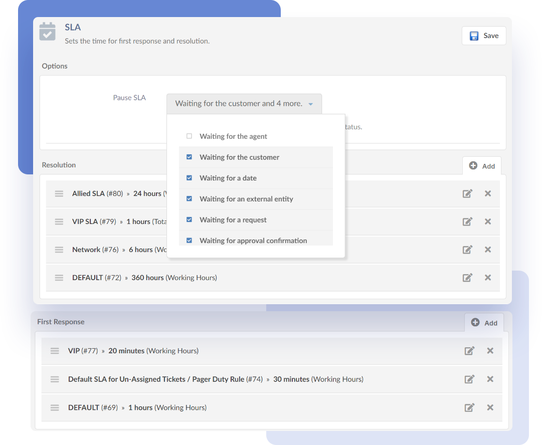 Example of SLA definition based on rules on InvGate Service Desk.