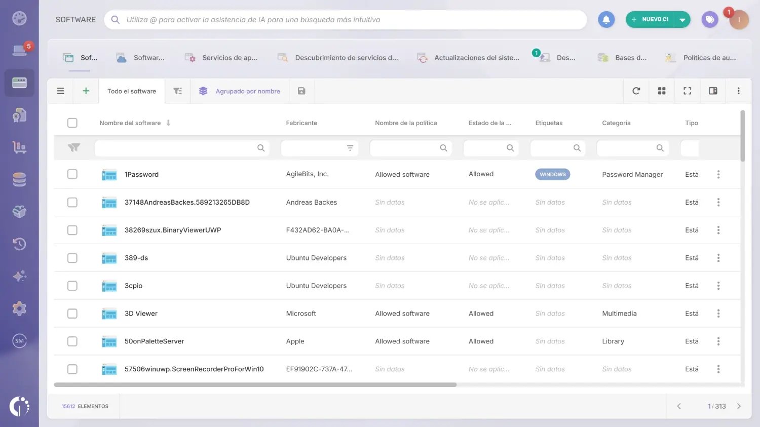 Explorador de software en InvGate Asset Management.