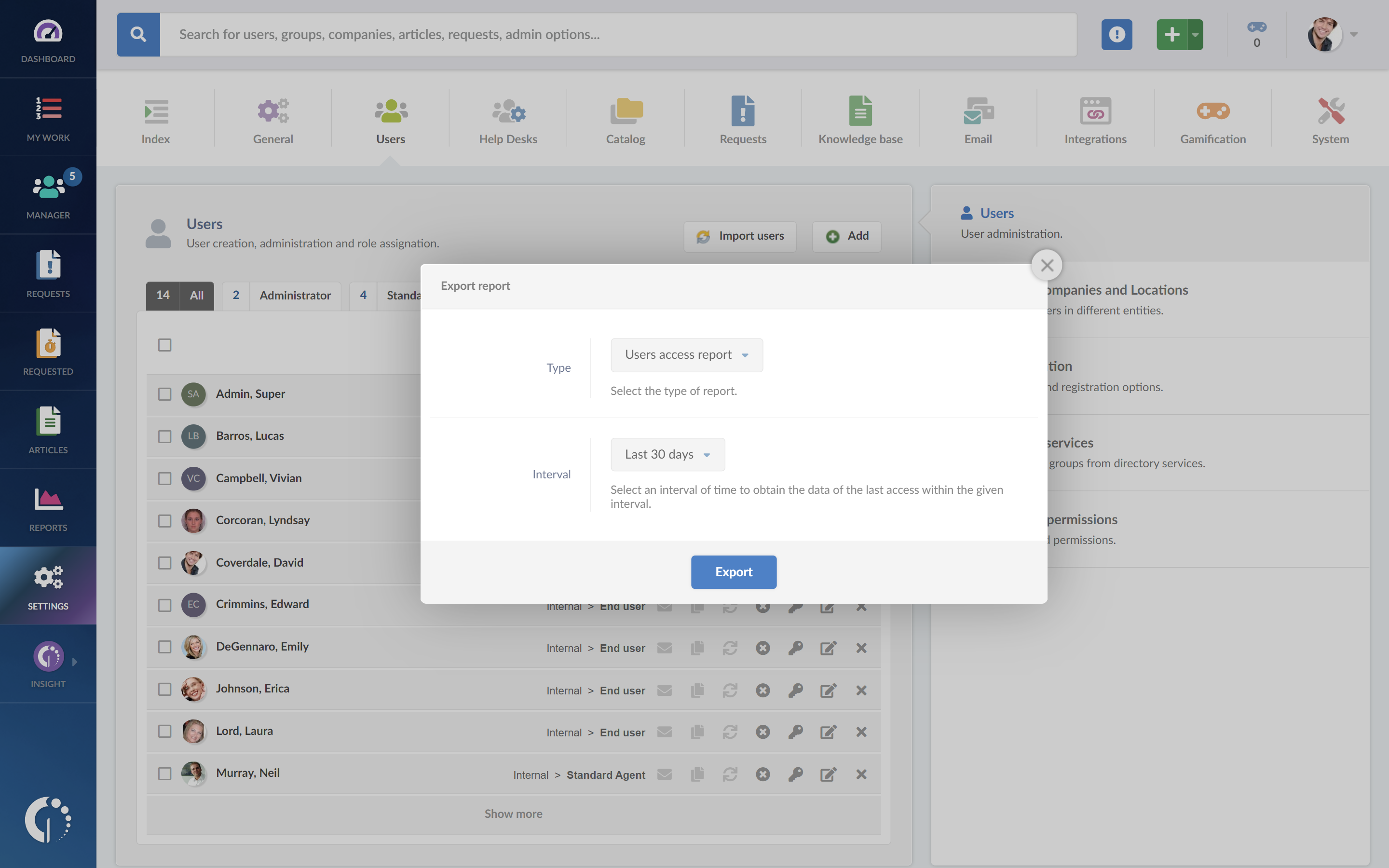 Export users’ information for auditing purposes in InvGate Service Desk.