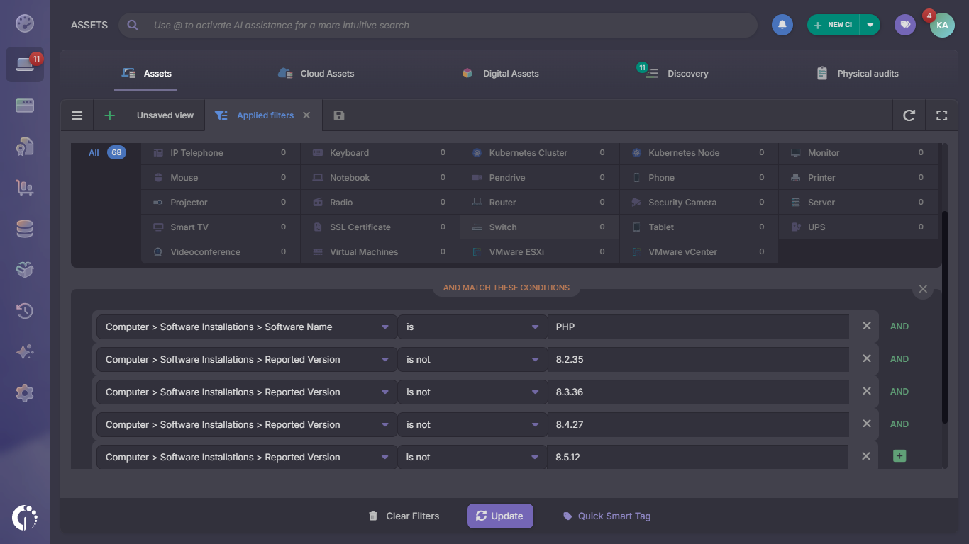 Detección de activos con versiones vulnerables de PHP en InvGate Asset Management.