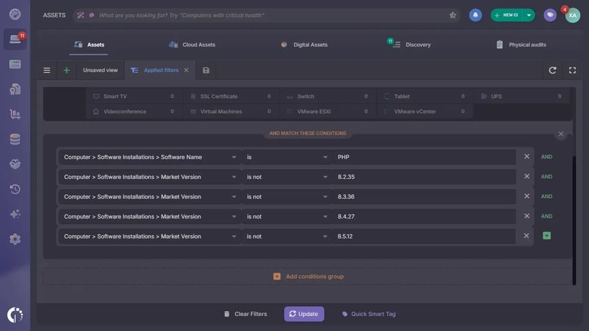 Filtering vulnerable PHP versions in InvGate Asset Management.