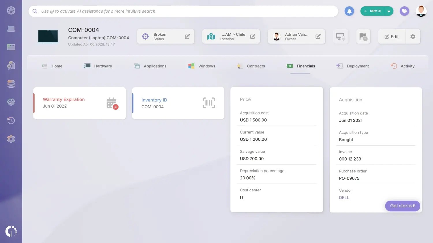 Tab de Finanzas de un activo en InvGate Asset Management.