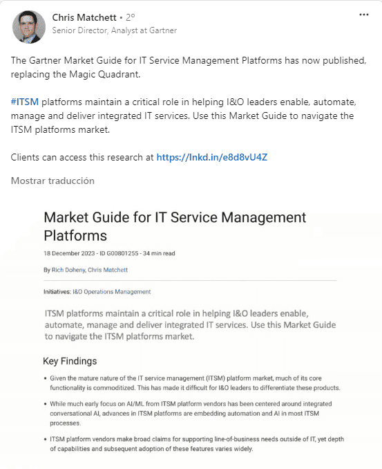 Gartner analyst Chris Matchett announces the replacement of the Gartner ITSM Magic Quadrant with the Gartner Market Guide for IT Service Management Platforms.