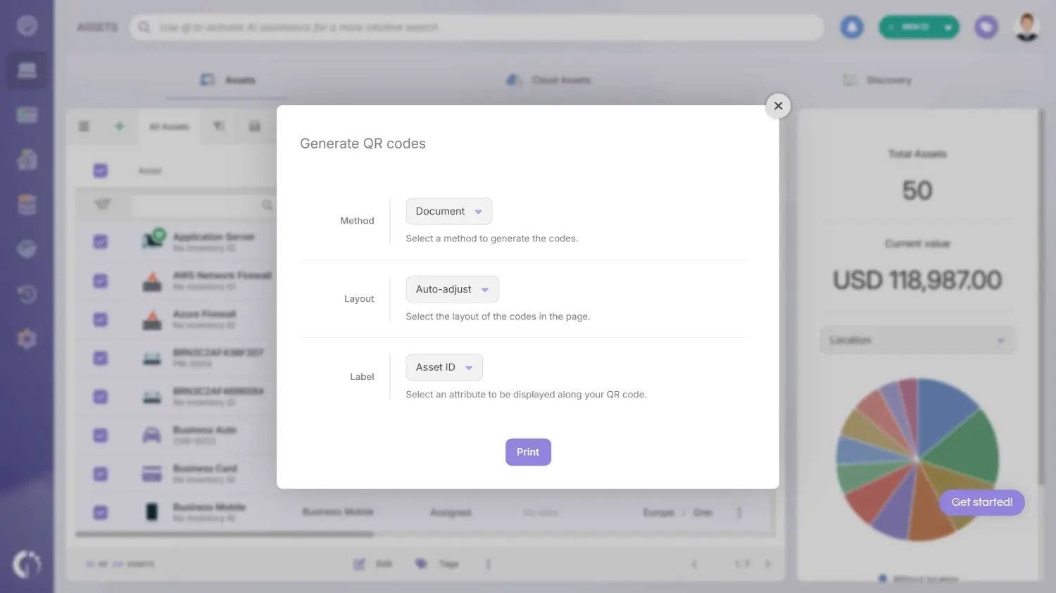 Generating QR codes in InvGate Asset Management.