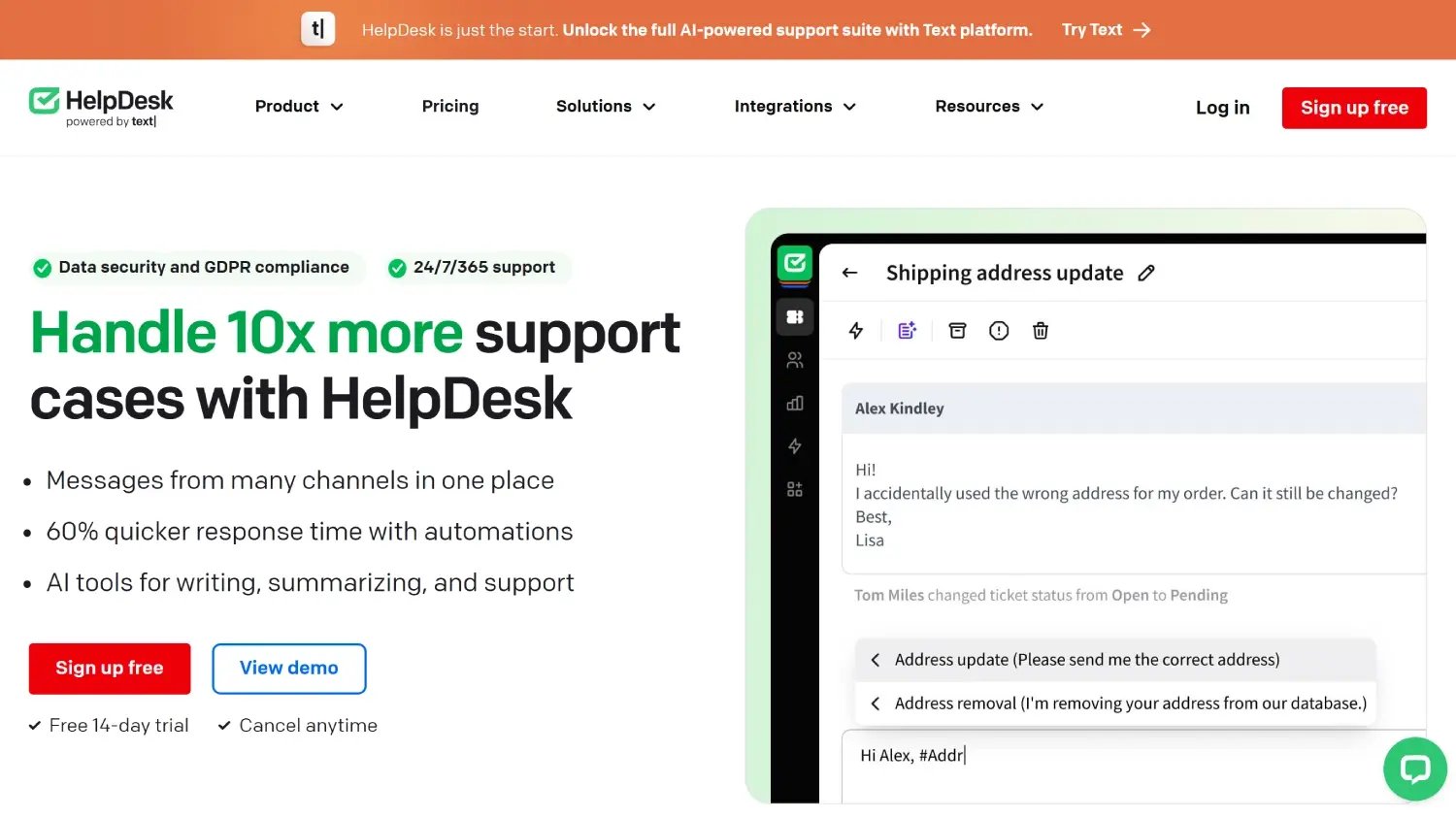Captura de pantalla del sitio web de Help Desk.