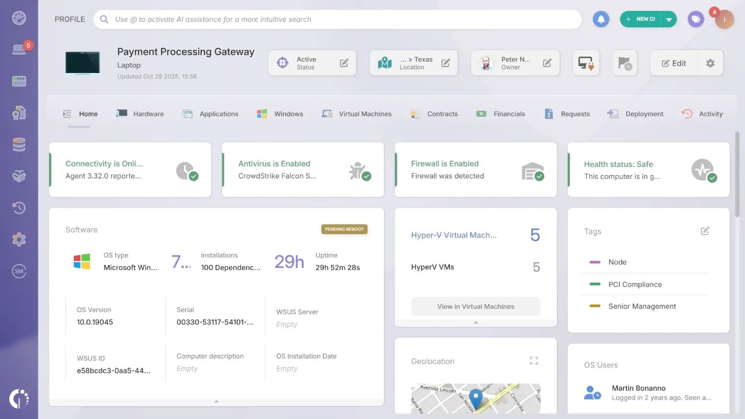 Hyper-V data in the Windows computer profile.