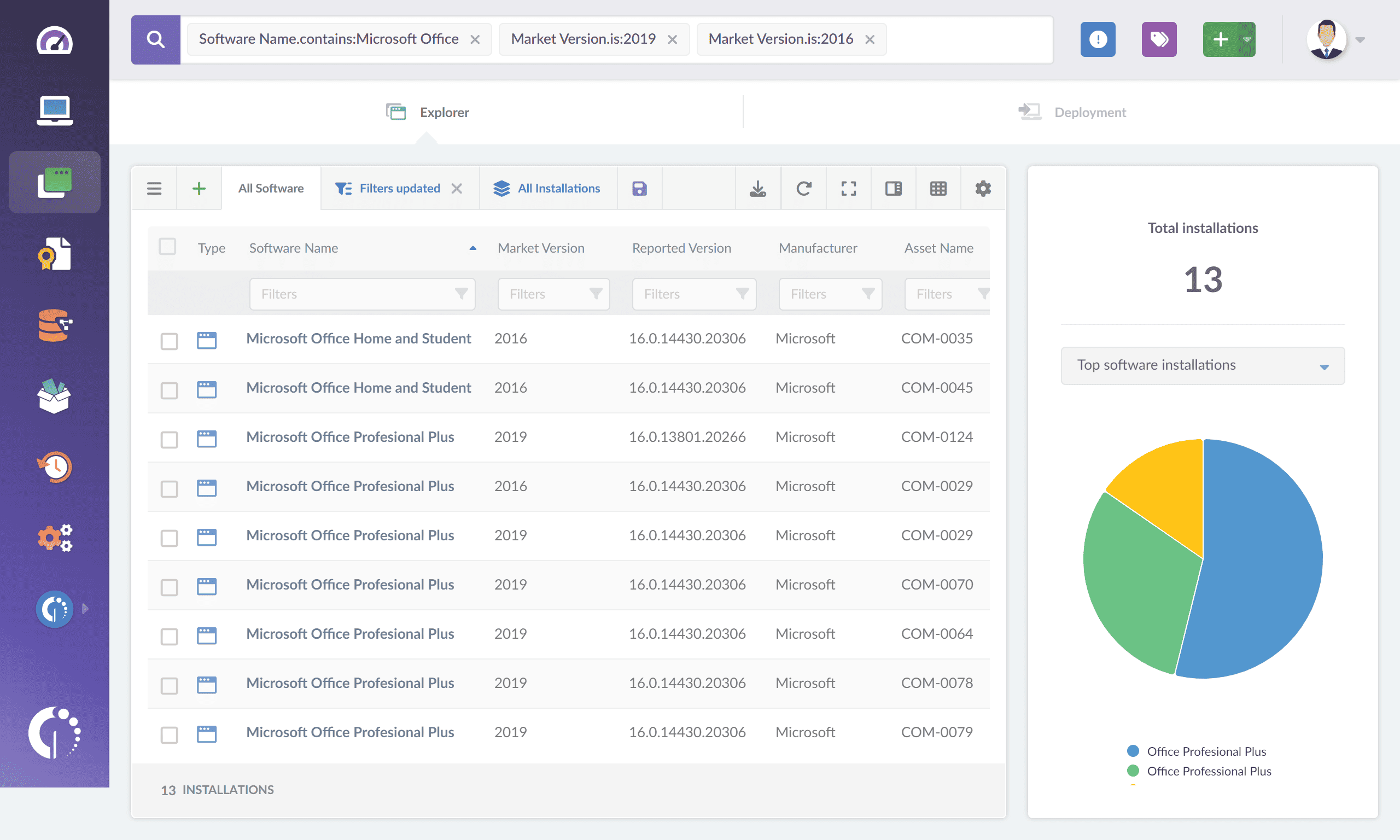 Screenshot of the search in InvGate Asset Management to quickly spot Microsoft Office 2016-2019 licenses in an organization.