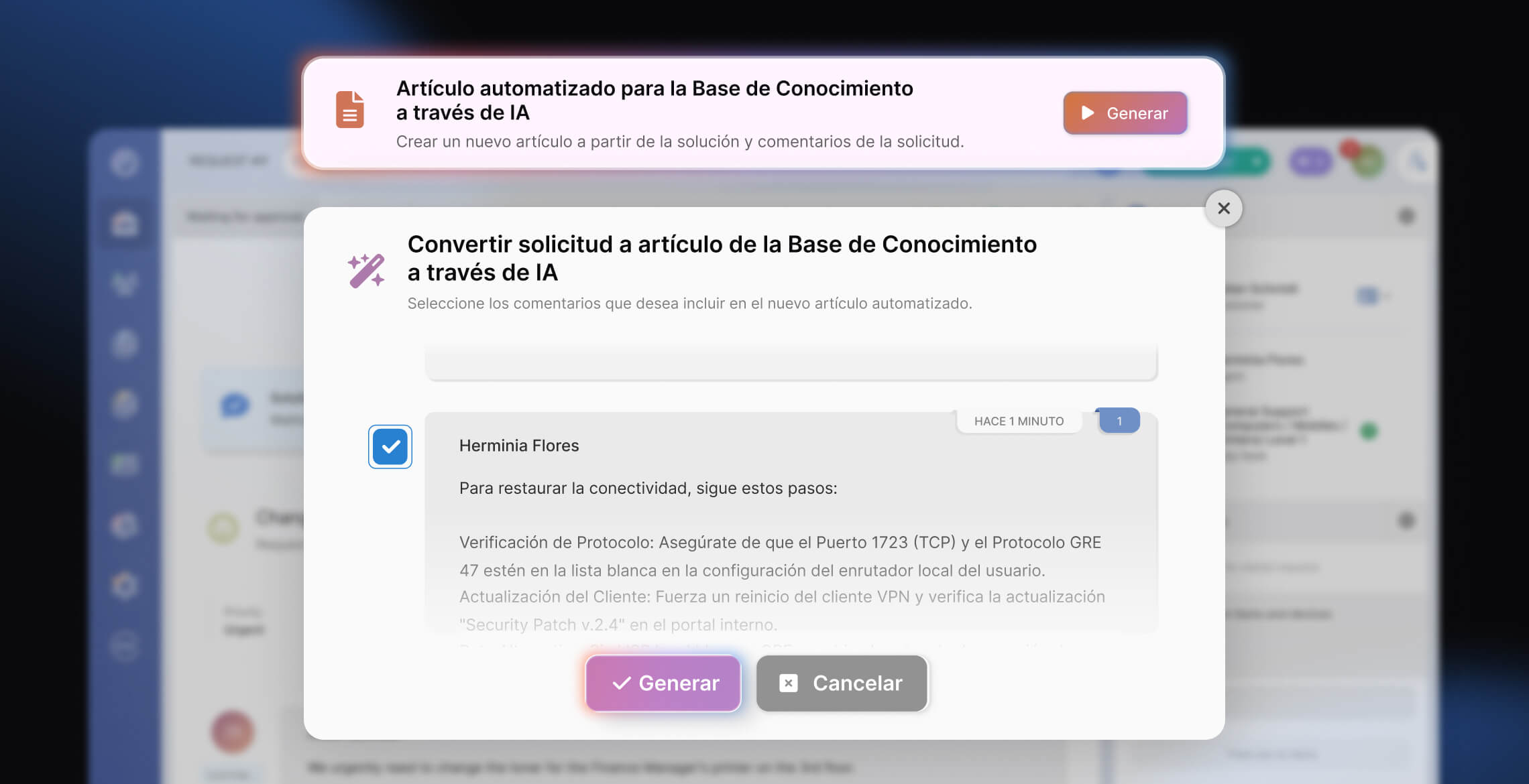 Ejemplo de la segunda capa de adopción de IA en ITSM dentro de InvGate Service Management.