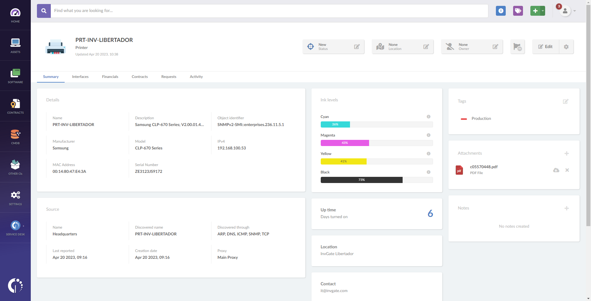 Example of a printer profile on InvGate Insight, showing its ink levels.