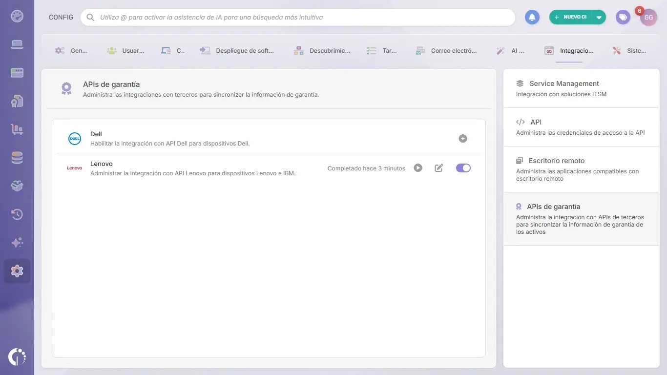 Ejemplo de la integración Dell y Lenovo en InvGate Asset Management.