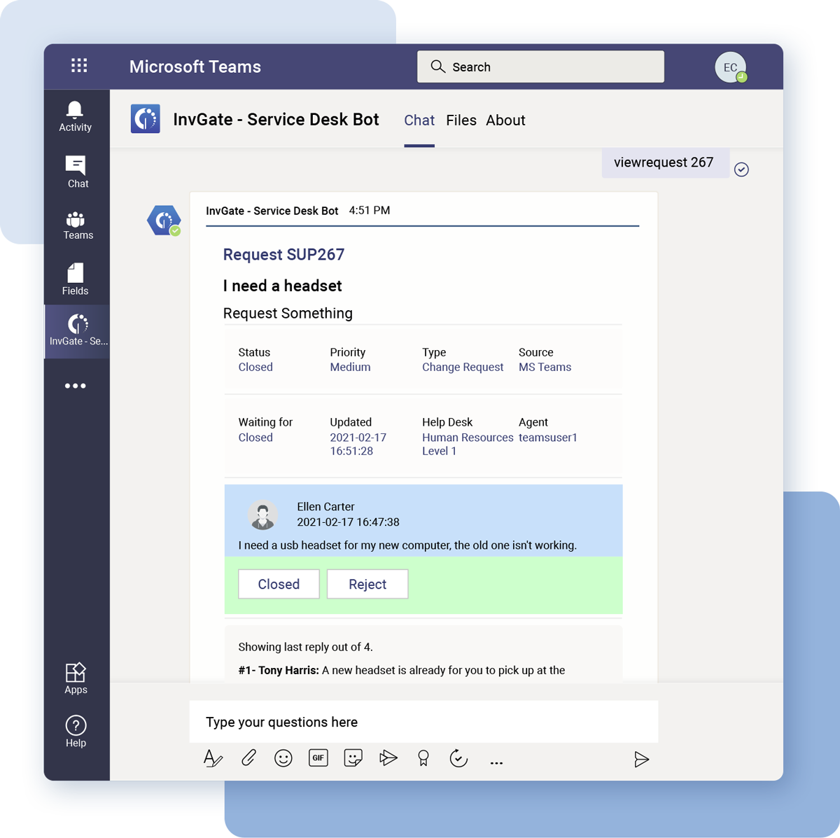 Microsoft Teams integration with InvGate Service Desk.